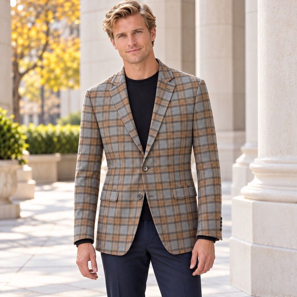 IZOD Mens 52R Blue/Tan/Black Glen Plaid Sport Coat Blazer 2 Button Classic Fit